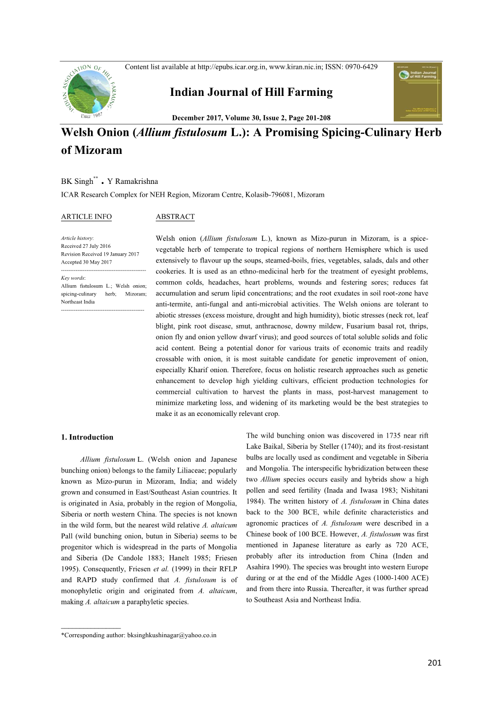 Indian Journal of Hill Farming Welsh Onion (Allium Fistulosum L.): a Promising Spicing-Culinary Herb of Mizoram