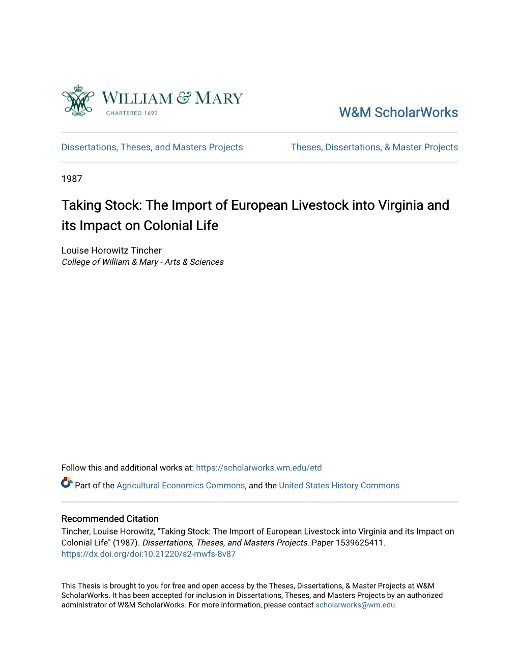 The Import of European Livestock Into Virginia and Its Impact on Colonial Life