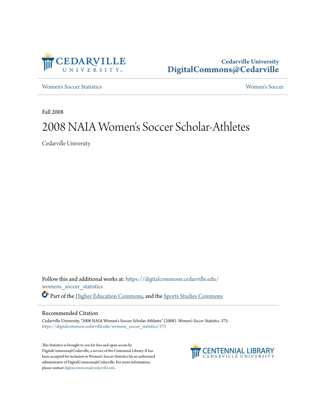 2008 NAIA Women's Soccer Scholar-Athletes Cedarville University