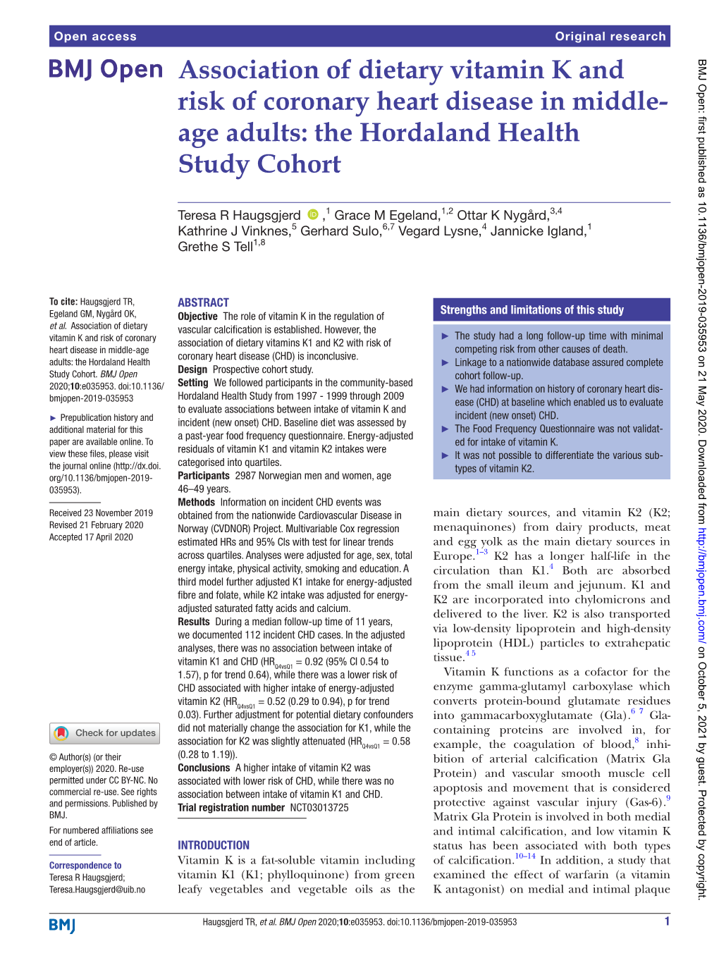 Association of Dietary Vitamin K and Risk of Coronary Heart Disease in Middle-­ Age Adults: the Hordaland Health Study Cohort