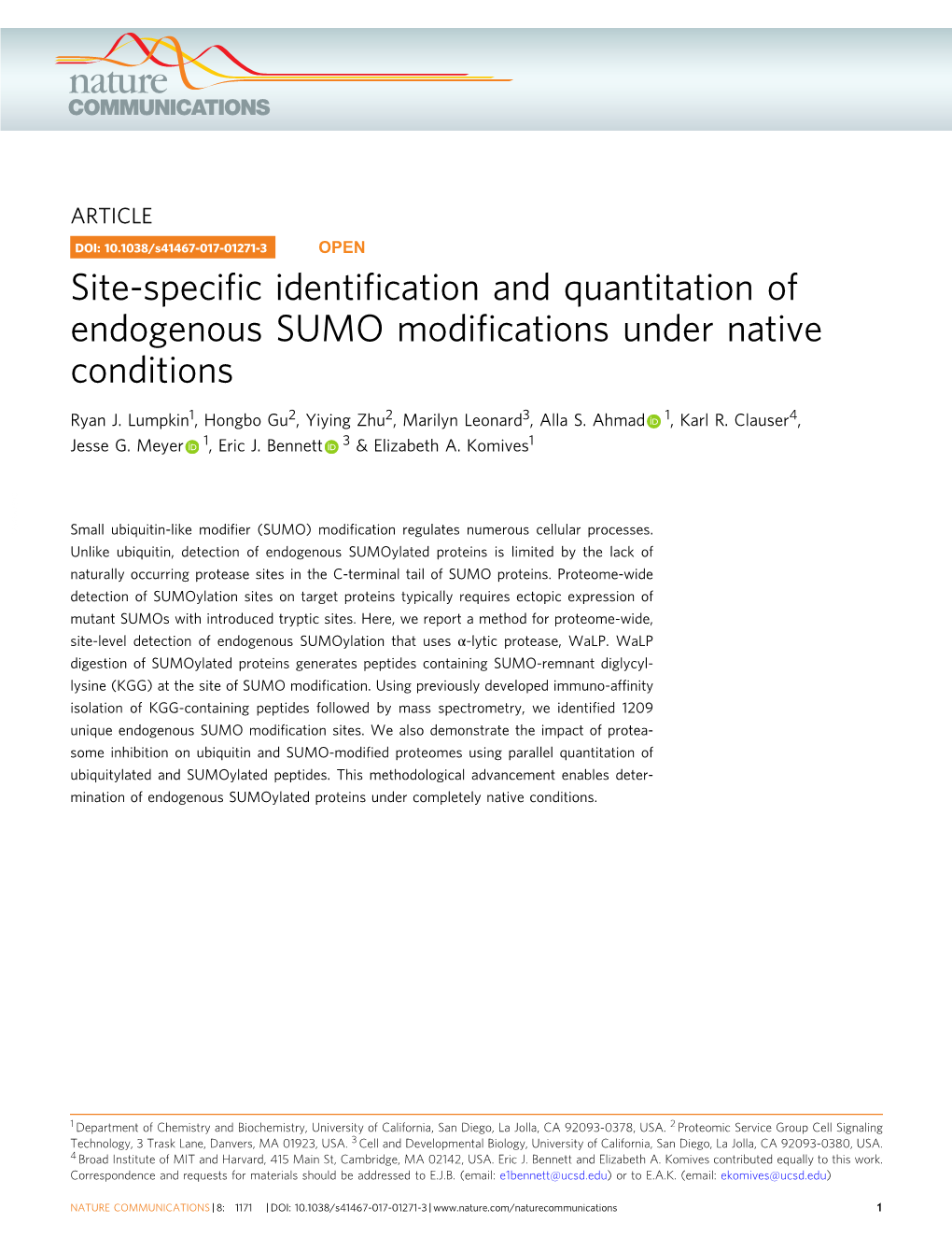 Site-Specific Identification and Quantitation of Endogenous SUMO Modifications Under Native Conditions