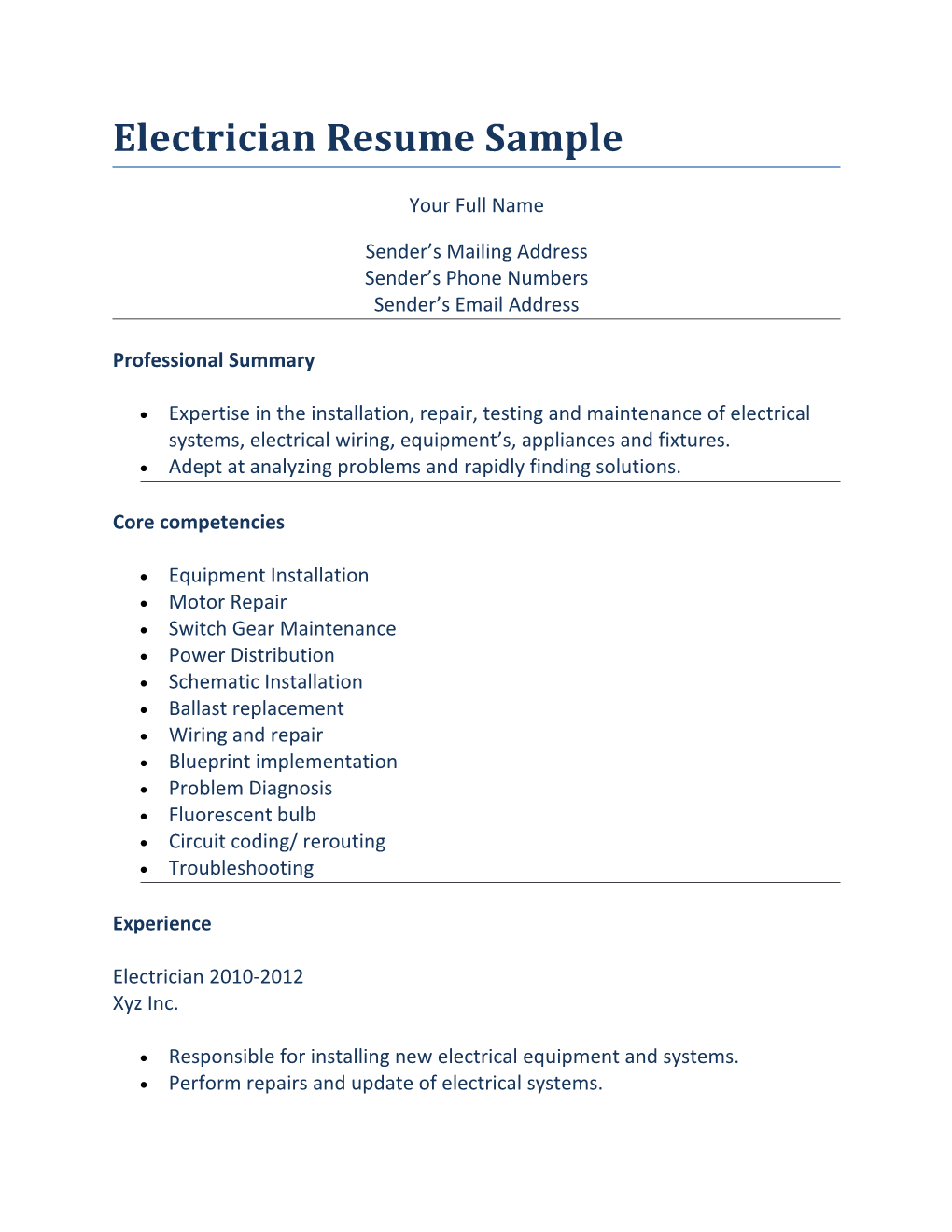 Electrician Resume Sample