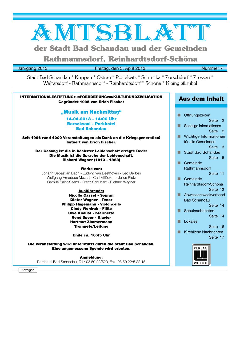 AMTSBLATT Der Stadt Bad Schandau Und Der Gemeinden Rathmannsdorf, Reinhardtsdorf-Schöna Jahrgang 2013 Freitag, Den 5