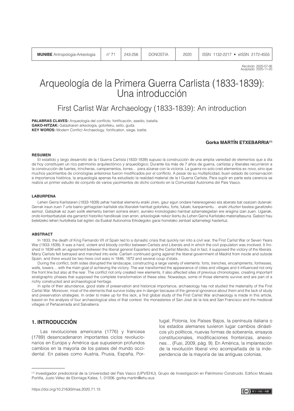 Arqueología De La Primera Guerra Carlista (1833-1839): Una Introducción First Carlist War Archaeology (1833-1839): an Introduction