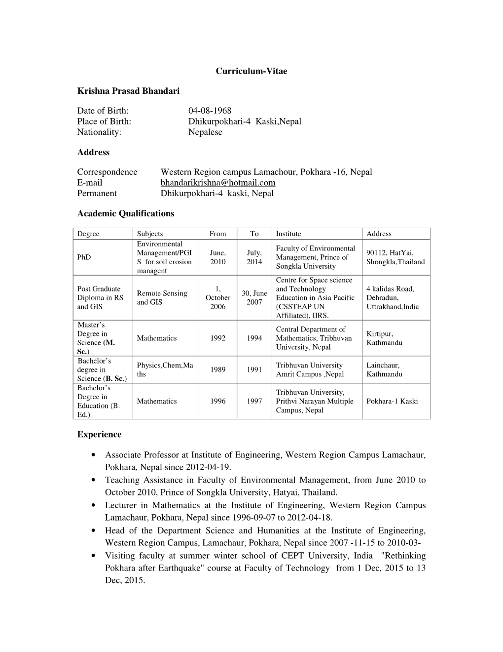 Curriculum-Vitae Krishna Prasad Bhandari Date of Birth: 04-08-1968