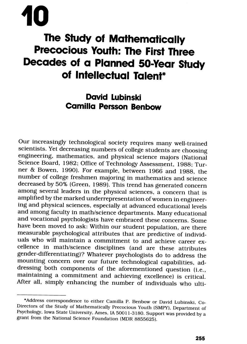 The Study of Mathematically Precocious Youth: the First Three Decadesof a Planned 50-Year Study of Intellectual Talent*