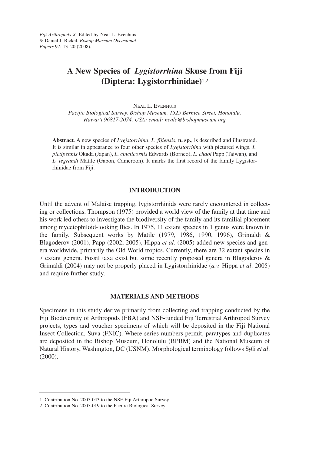 A New Species of Lygistorrhina Skuse from Fiji (Diptera: Lygistorrhinidae)1,2