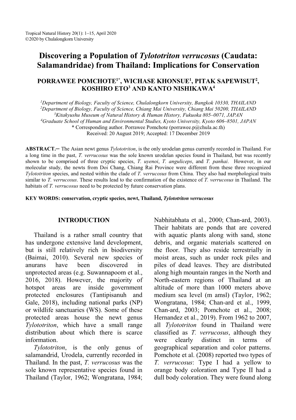 Discovering a Population of Tylototriton Verrucosus (Caudata: Salamandridae) from Thailand: Implications for Conservation