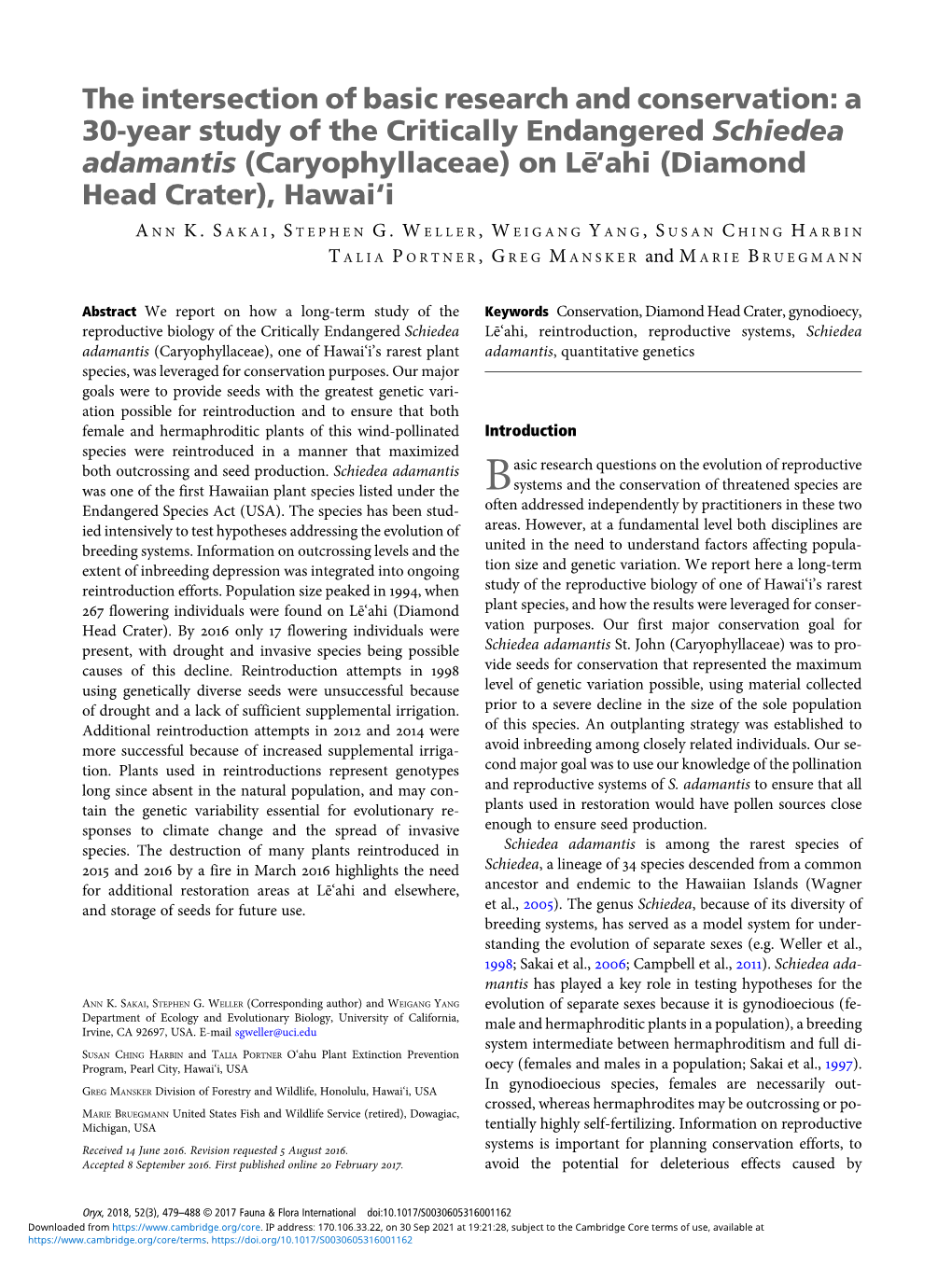 A 30-Year Study of the Critically Endangered Schiedea Adamantis (Caryophyllaceae) on Le¯‘Ahi (Diamond Head Crater), Hawai‘I