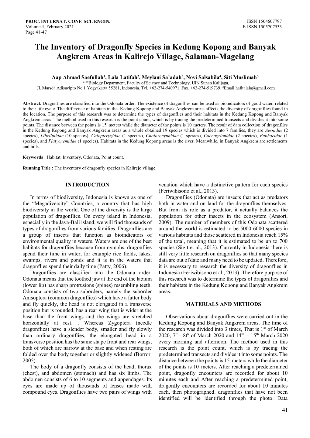 The Inventory of Dragonfly Species in Kedung Kopong and Banyak Angkrem Areas in Kalirejo Village, Salaman-Magelang