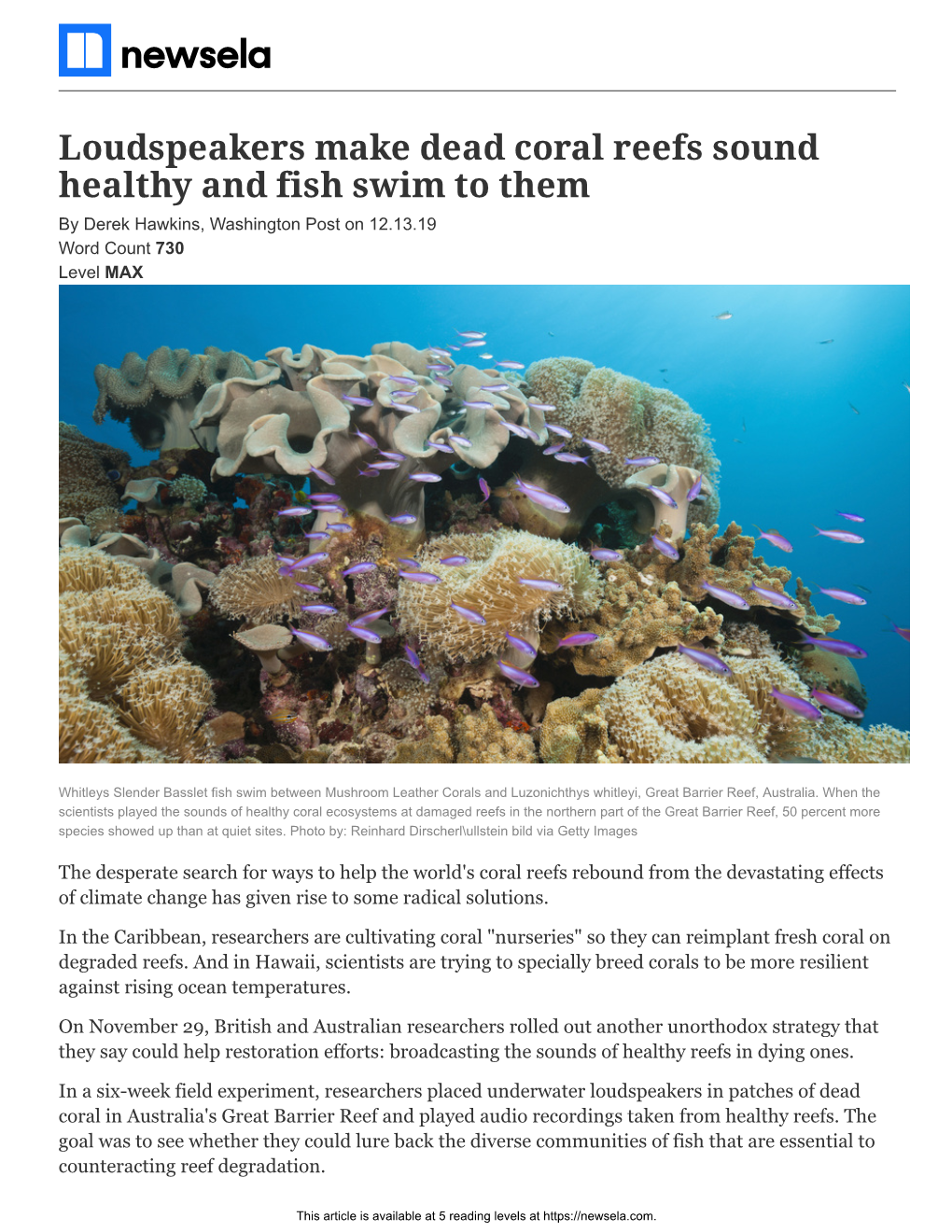 Loudspeakers Make Dead Coral Reefs Sound Healthy and Fish Swim to Them by Derek Hawkins, Washington Post on 12.13.19 Word Count 730 Level MAX