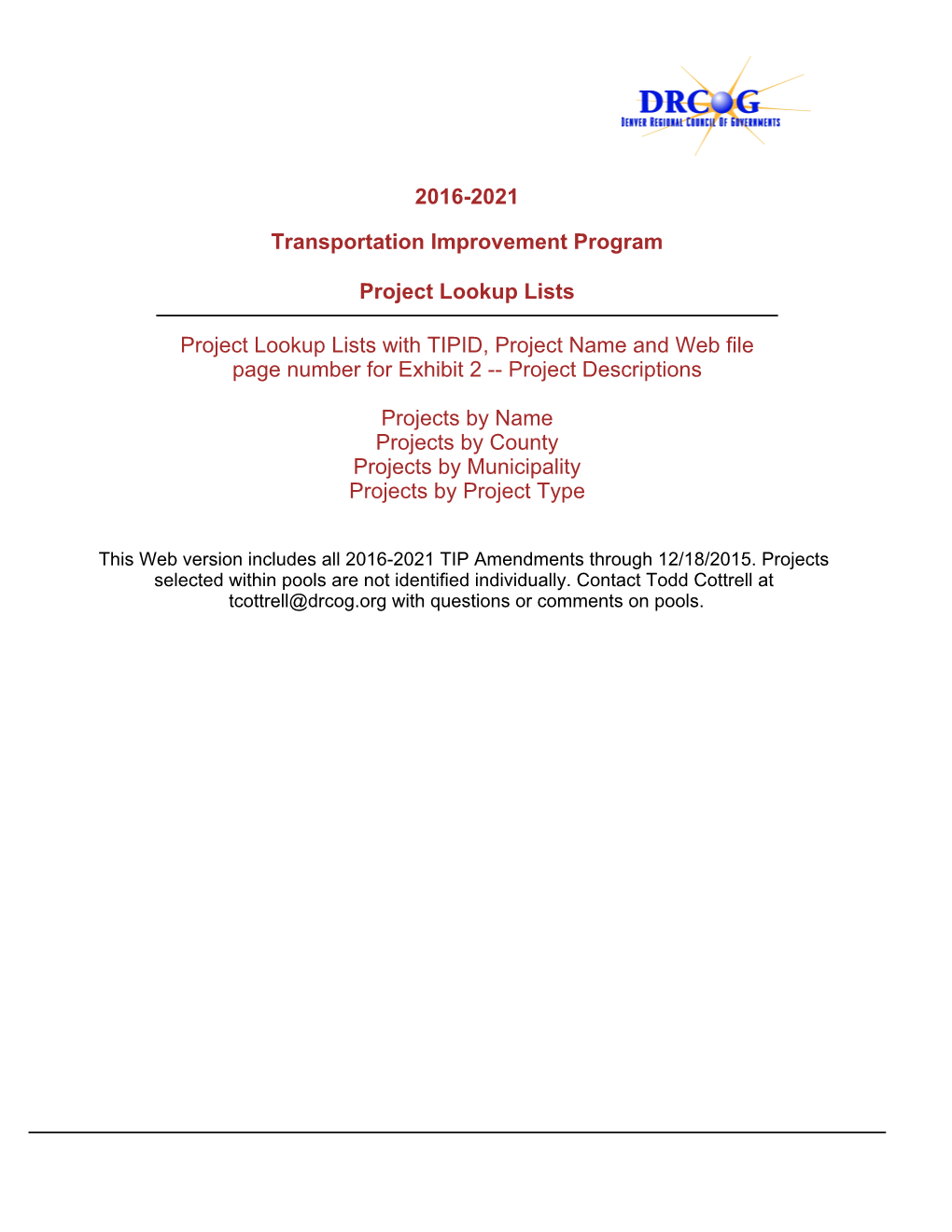 2016-2021 Transportation Improvement Program Project List TIPID Project Name 2016-028 16Th St Mall Reconstruction: Arapahoe St to Lawrence St 2016-018 23Rd Ave