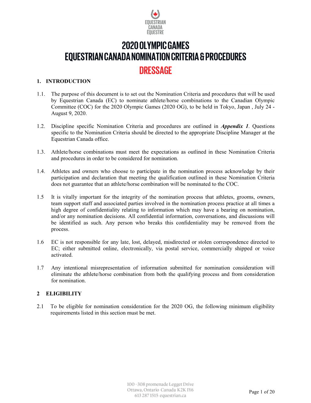 2020 Olympic Games Equestrian Canada Nomination Criteria & Procedures Dressage 1