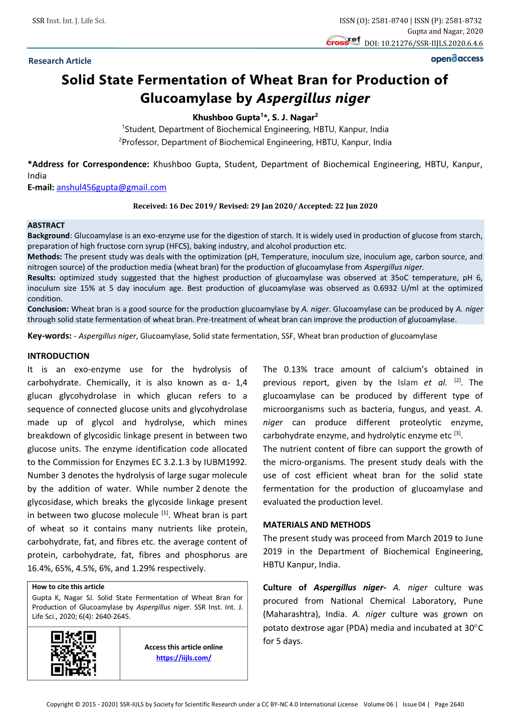 Solid State Fermentation of Wheat Bran for Production of Glucoamylase by Aspergillus Niger Khushboo Gupta1*, S