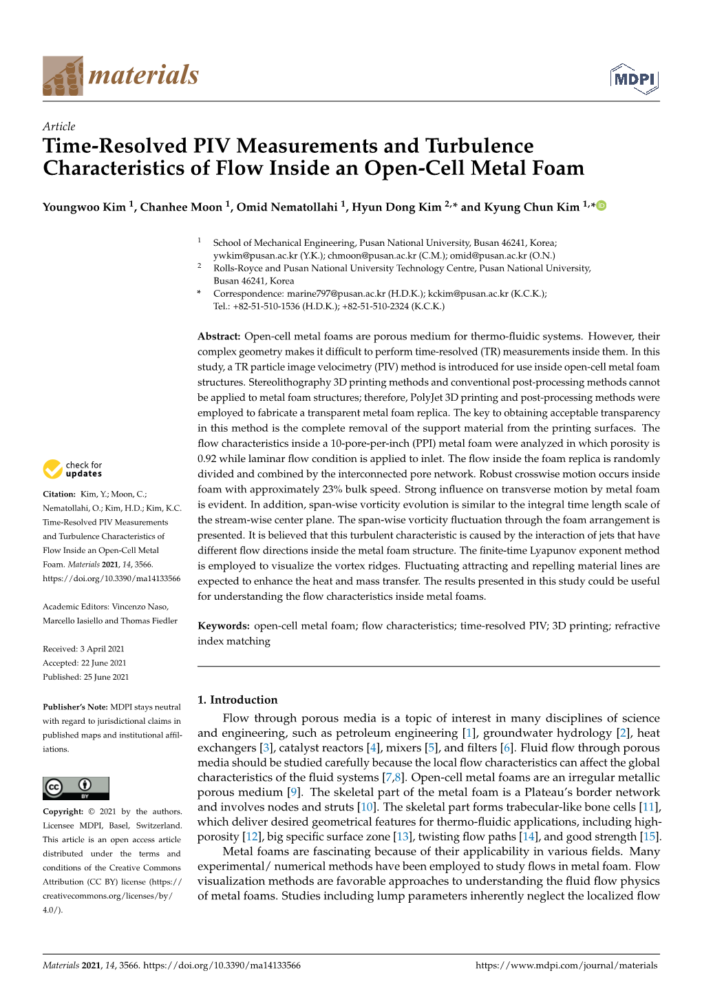 Time-Resolved PIV Measurements and Turbulence Characteristics of Flow Inside an Open-Cell Metal Foam