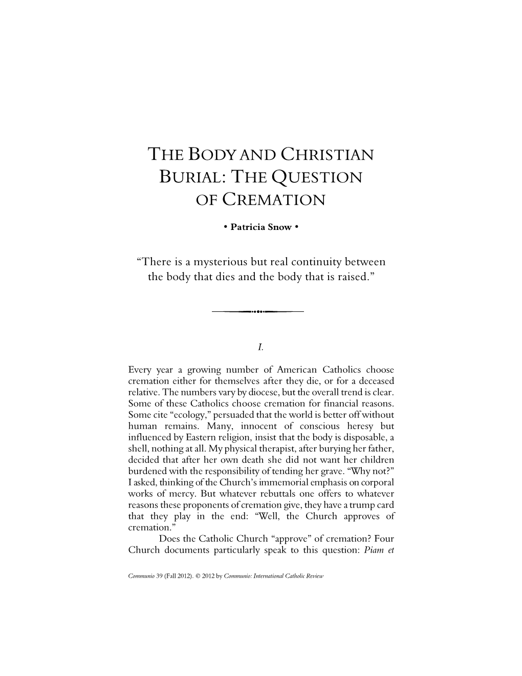 The Body and Christian Burial: the Question Of