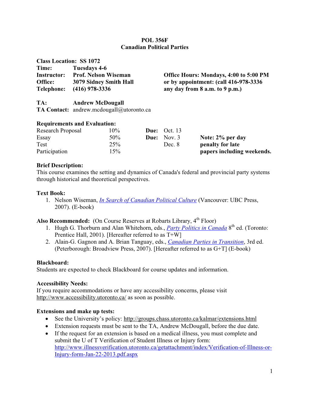 1 POL 356F Canadian Political Parties Class Location