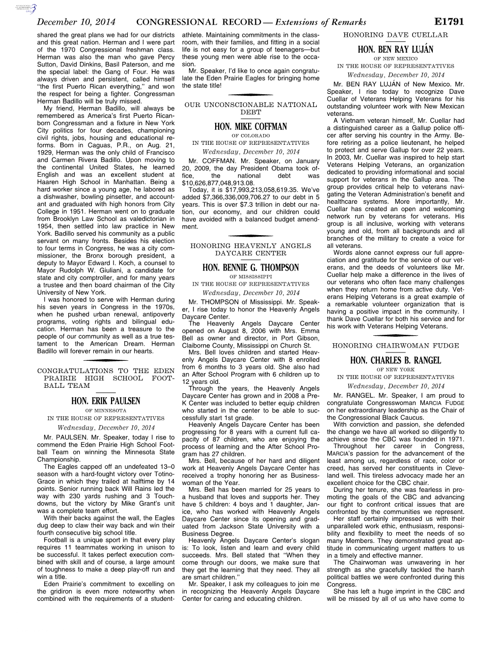 CONGRESSIONAL RECORD— Extensions of Remarks E1791 HON. ERIK PAULSEN HON. MIKE COFFMAN HON. BENNIE G. THOMPSON HON. BEN RAY