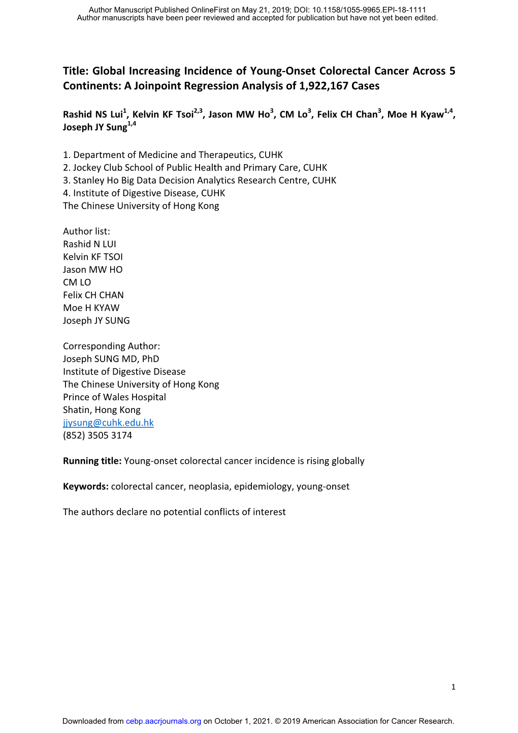 Global Increasing Incidence of Young-Onset Colorectal Cancer Across 5 Continents: a Joinpoint Regression Analysis of 1,922,167 Cases