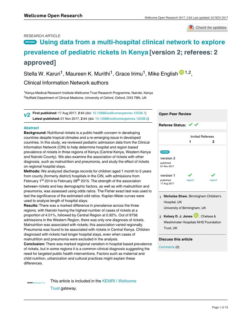 Prevalence of Pediatric Rickets in Kenya[Version 2; Referees: 2