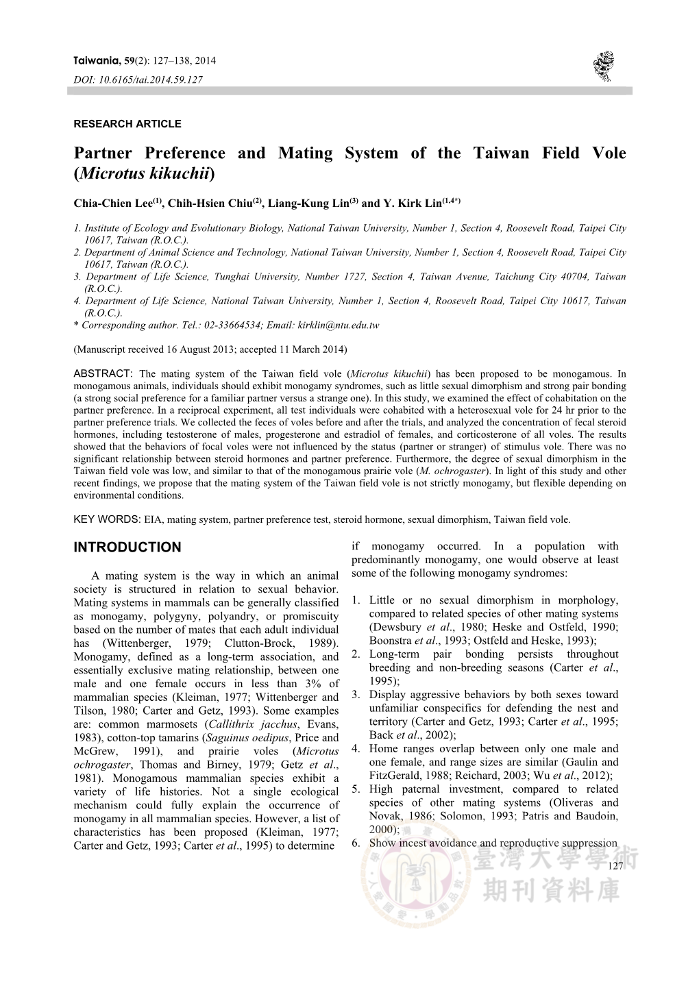 Partner Preference and Mating System of the Taiwan Field Vole (Microtus Kikuchii)