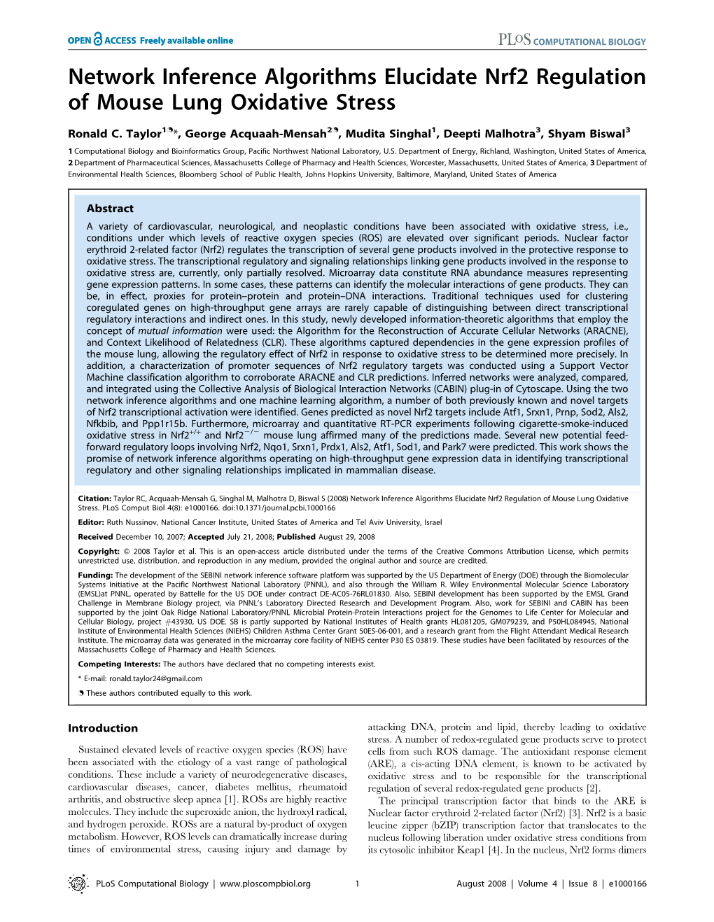 Network Inference Algorithms Elucidate Nrf2 Regulation of Mouse Lung Oxidative Stress