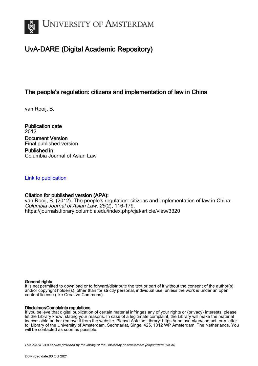 CITIZENS and IMPLEMENTATION of LAW in CHINA Benjamin Van Rooij