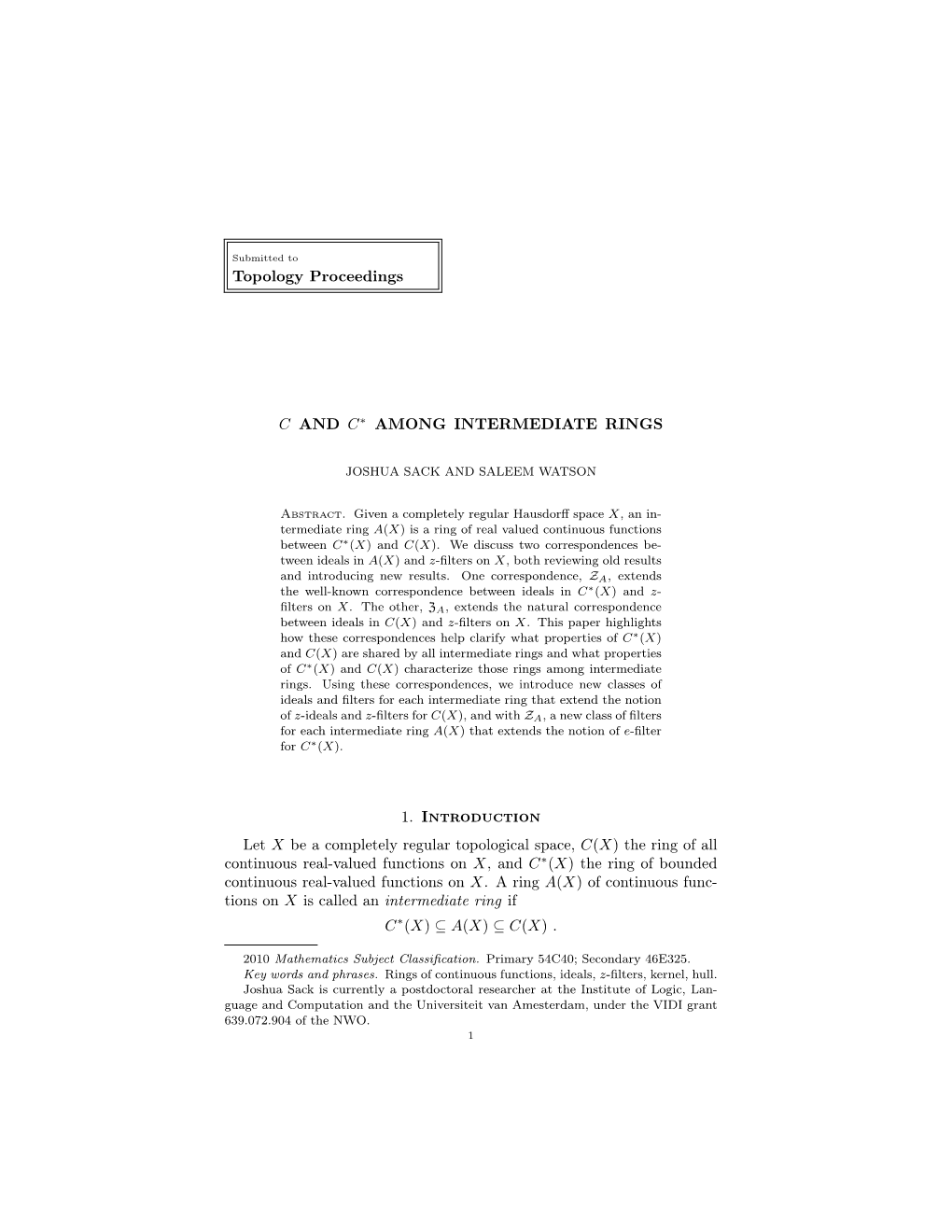 Topology Proceedings C and C ∗ AMONG INTERMEDIATE RINGS 1