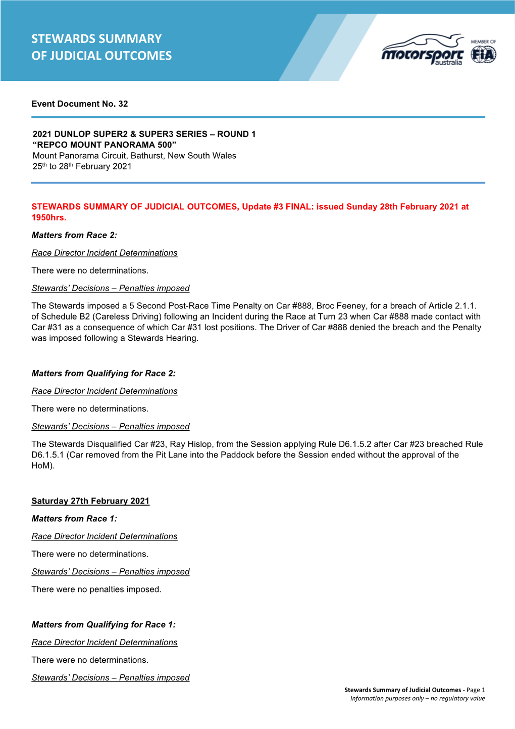 Stewards Summary of Judicial Outcomes