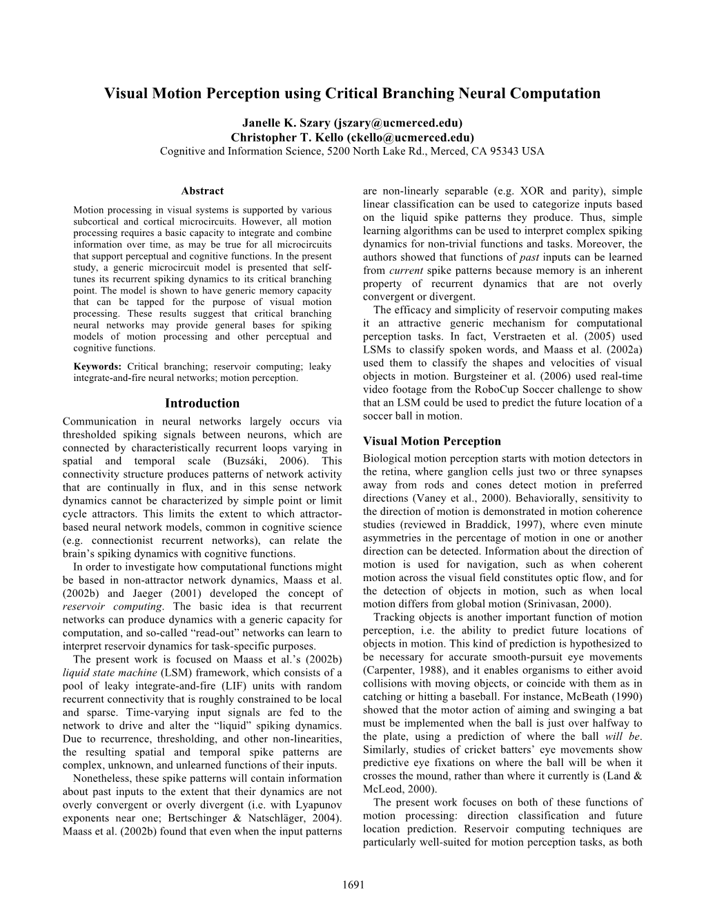 Visual Motion Perception Using Critical Branching Neural Computation