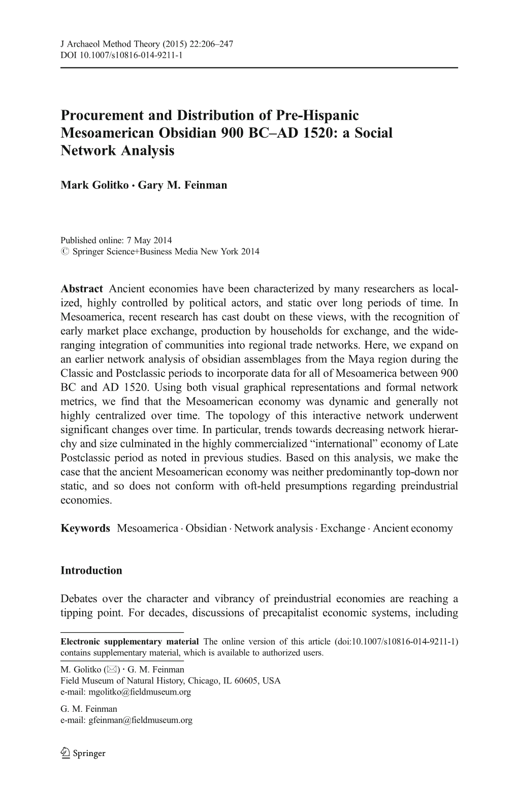 Procurement and Distribution of Pre-Hispanic Mesoamerican Obsidian 900 BC–AD 1520: a Social Network Analysis