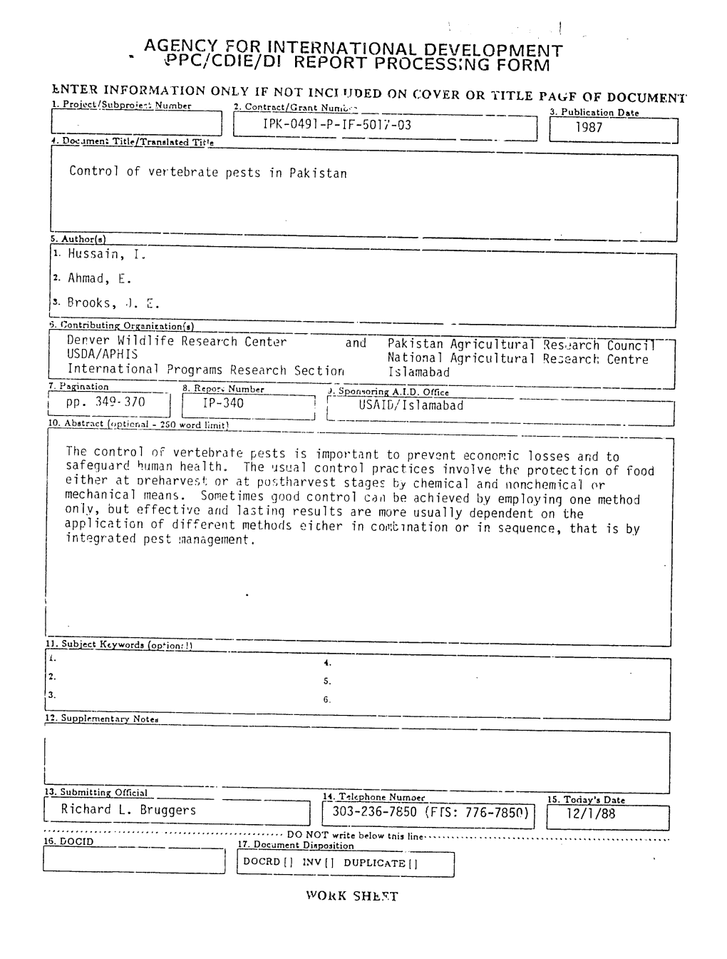 Agency for International Development Ppc/Cdie/Di Report Process;Ng Form Enter Information Only If Not Inci 1.Jded on ('Over Or Title Pag F of Document 1