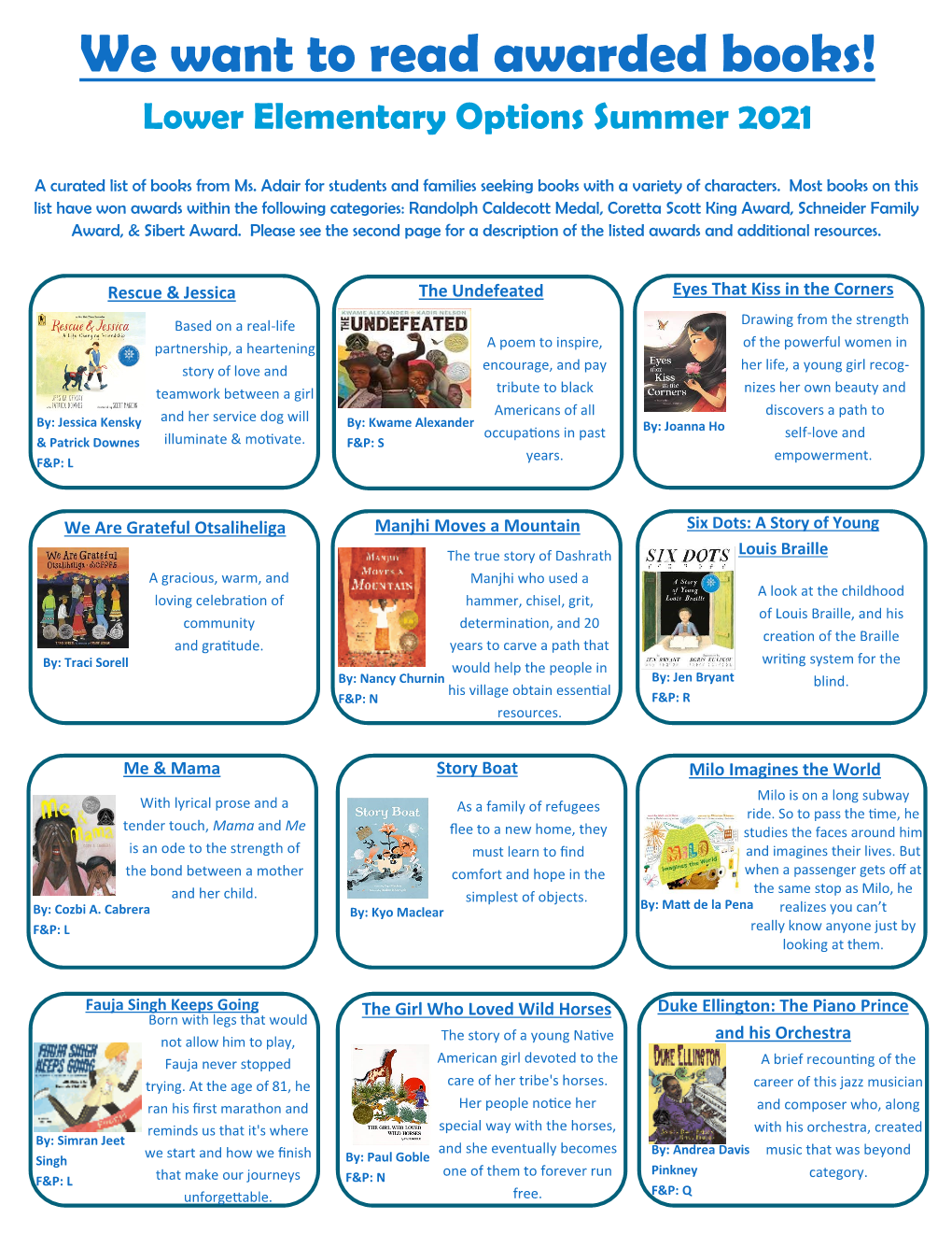 We Want to Read Awarded Books! Lower Elementary Options Summer 2021