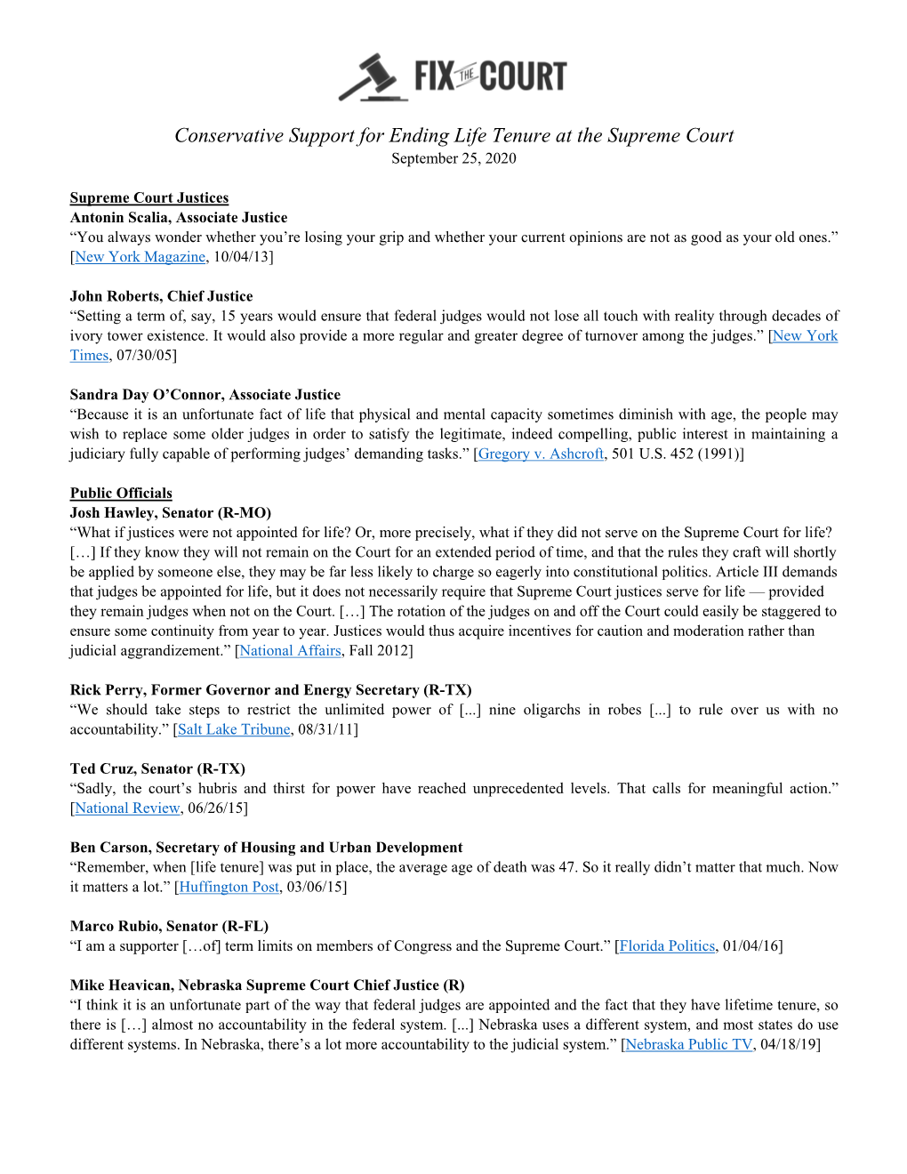 Conservative Support for Ending Life Tenure at the Supreme Court September 25, 2020