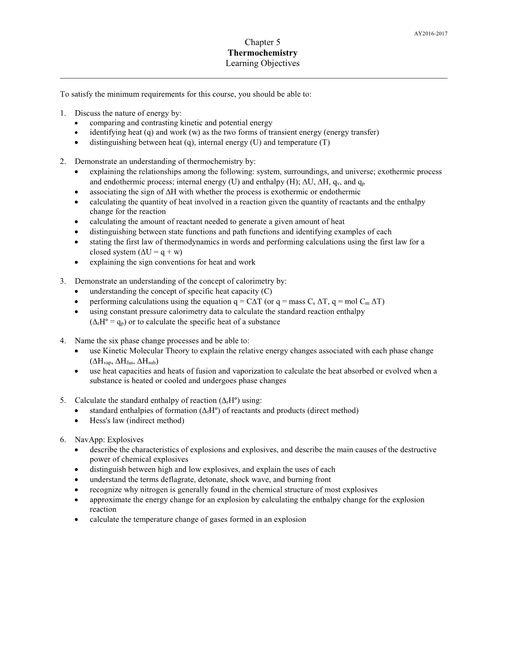 Chapter 5 Thermochemistry Learning Objectives ______