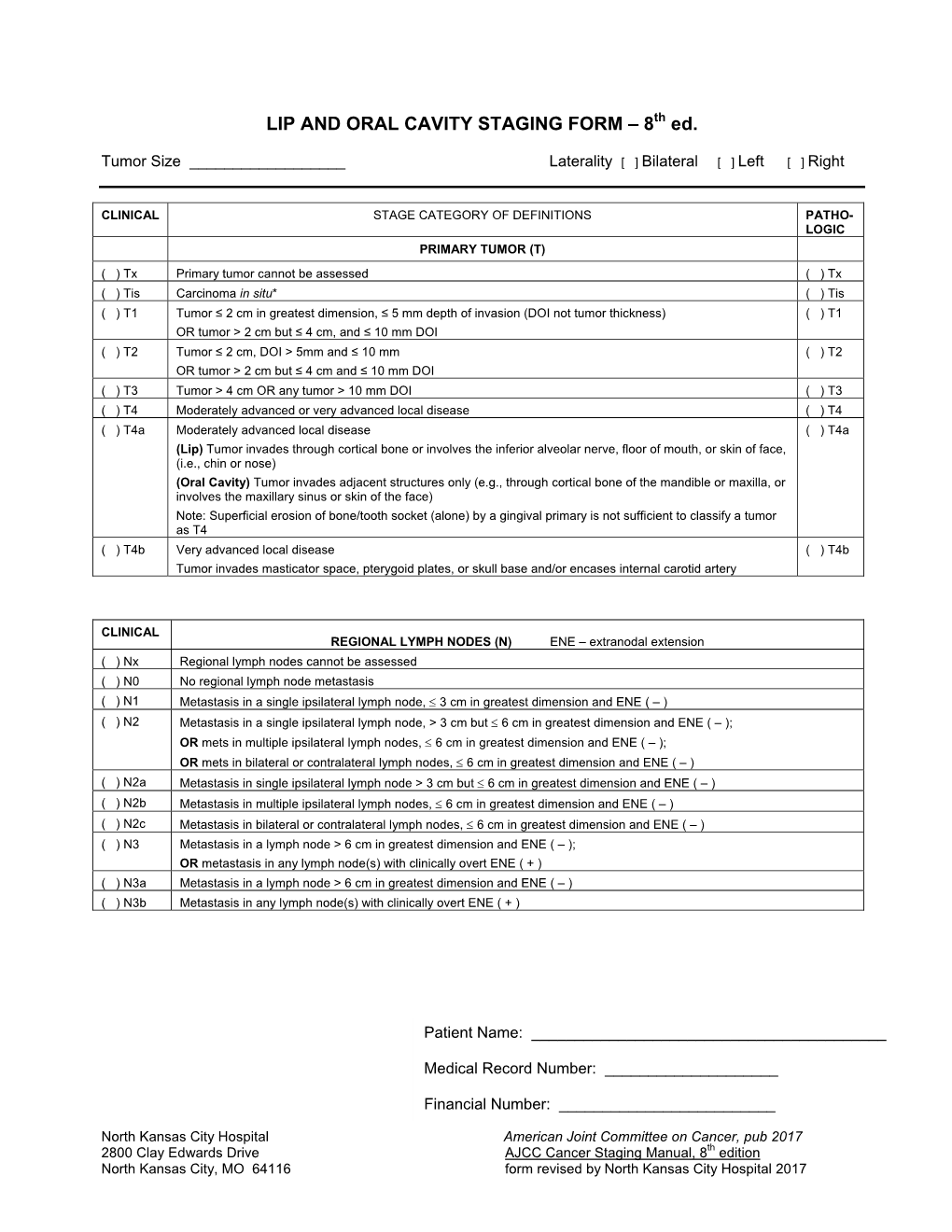 LIP and ORAL CAVITY STAGING FORM – 8Th Ed