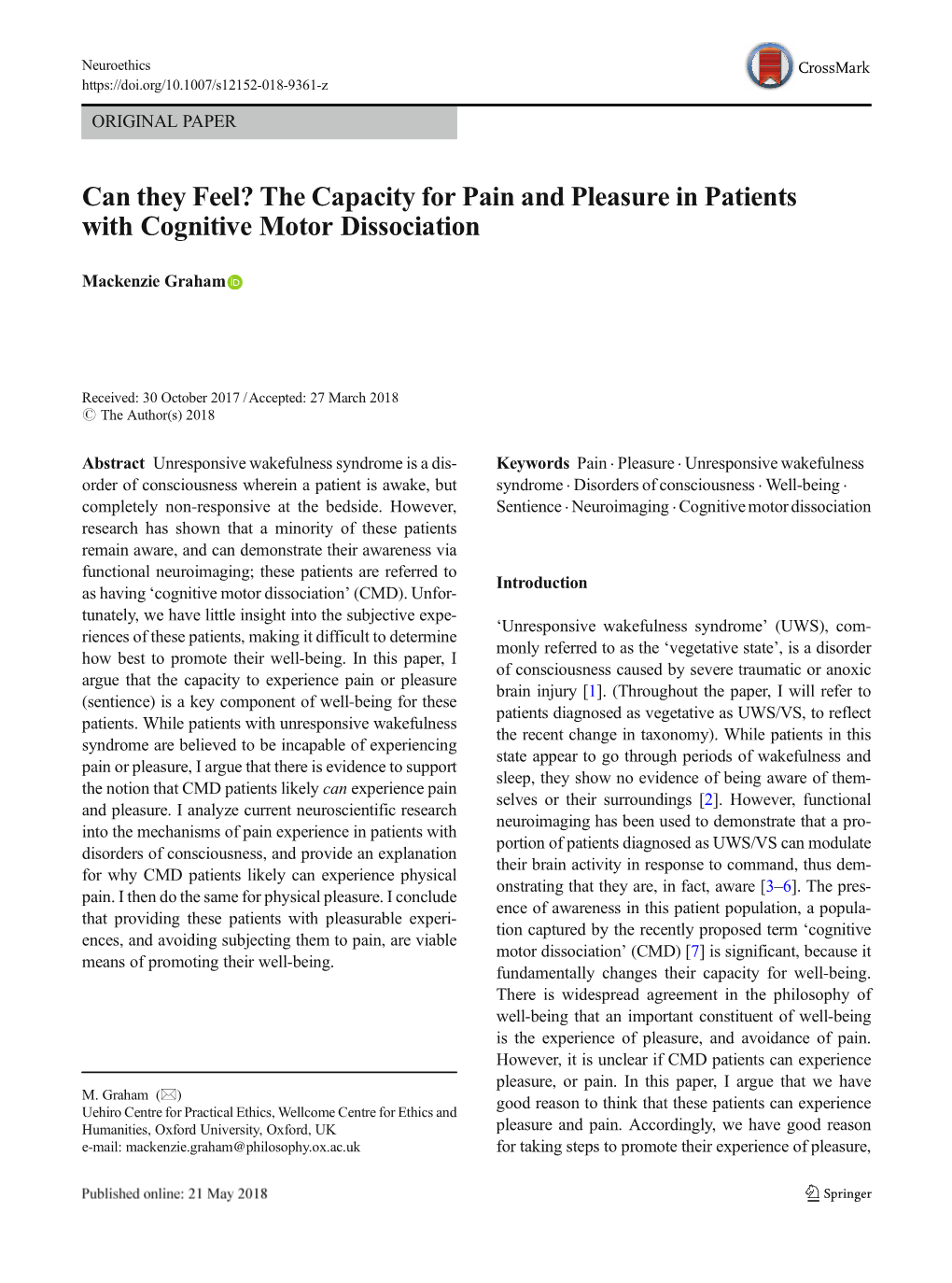 Can They Feel? the Capacity for Pain and Pleasure in Patients with Cognitive Motor Dissociation