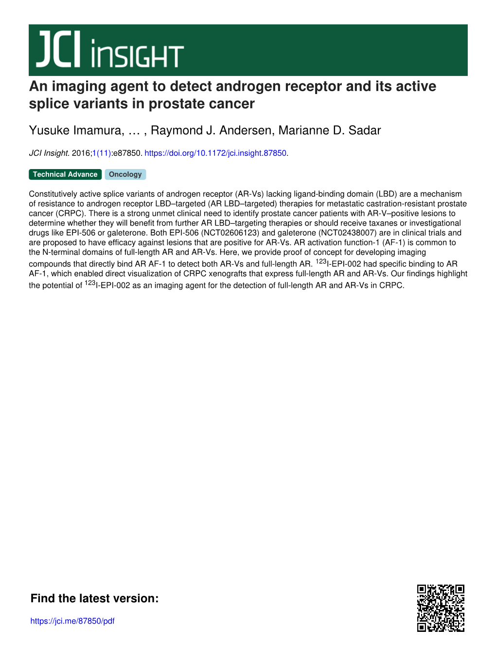 An Imaging Agent to Detect Androgen Receptor and Its Active Splice Variants in Prostate Cancer