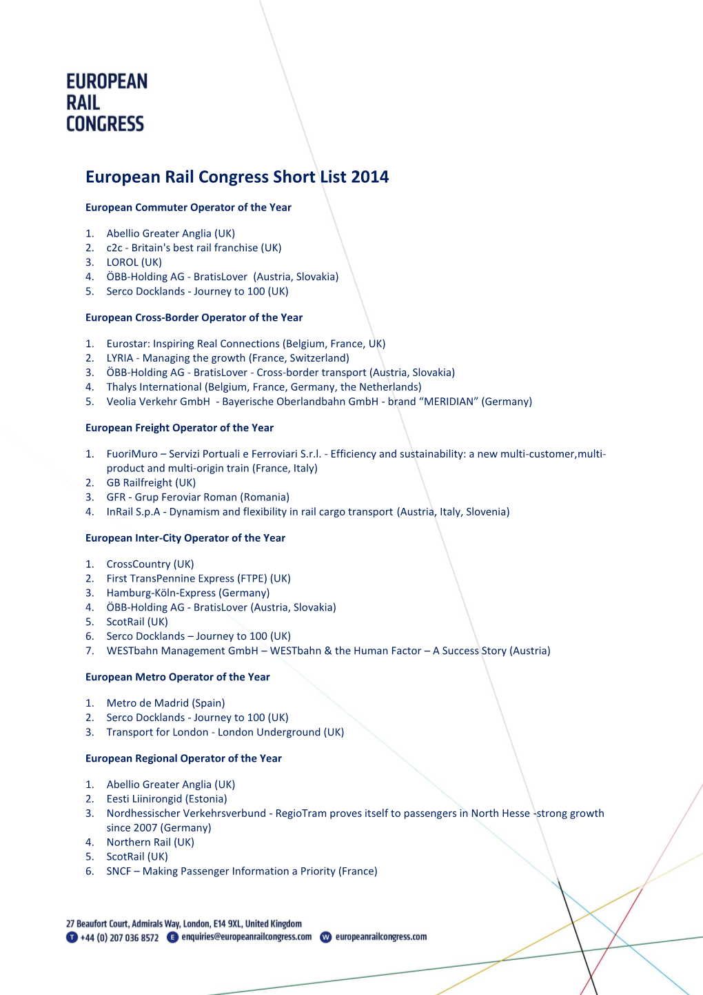 European Rail Congress Short List 2014