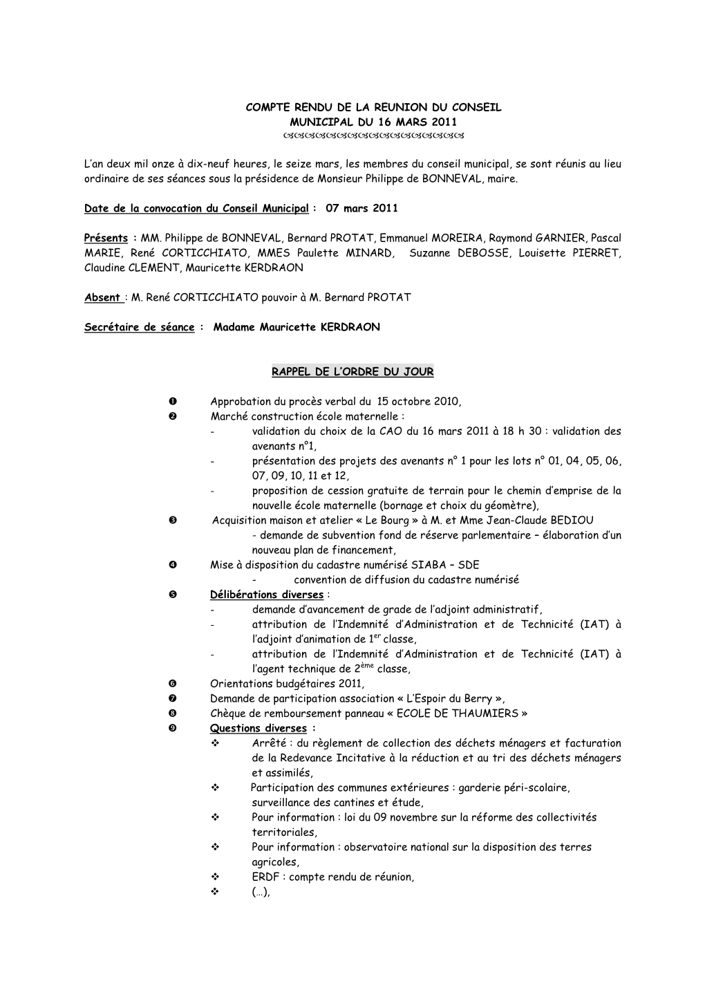 Compte Rendu De La Reunion Du Conseil Municipal Du 16 Mars 2011 