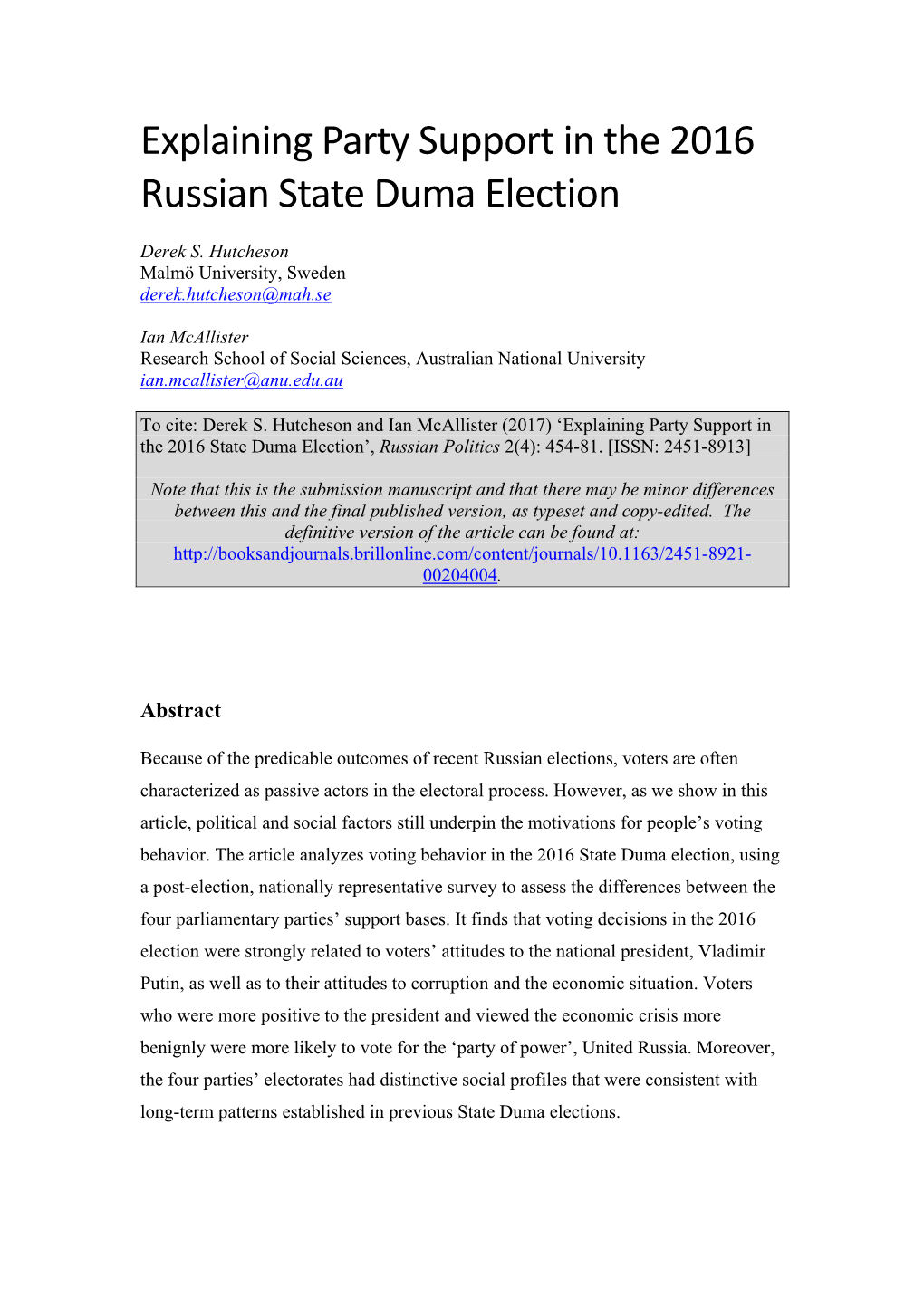 Explaining Party Support in the 2016 Russian State Duma Election