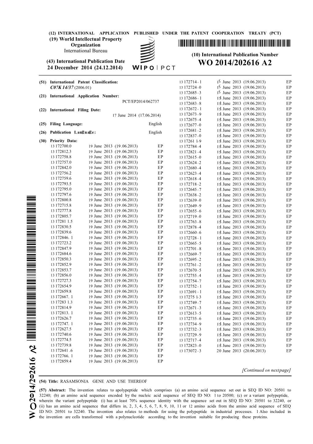 WO 2014/202616 A2 24 December 2014 (24.12.2014) P O P C T