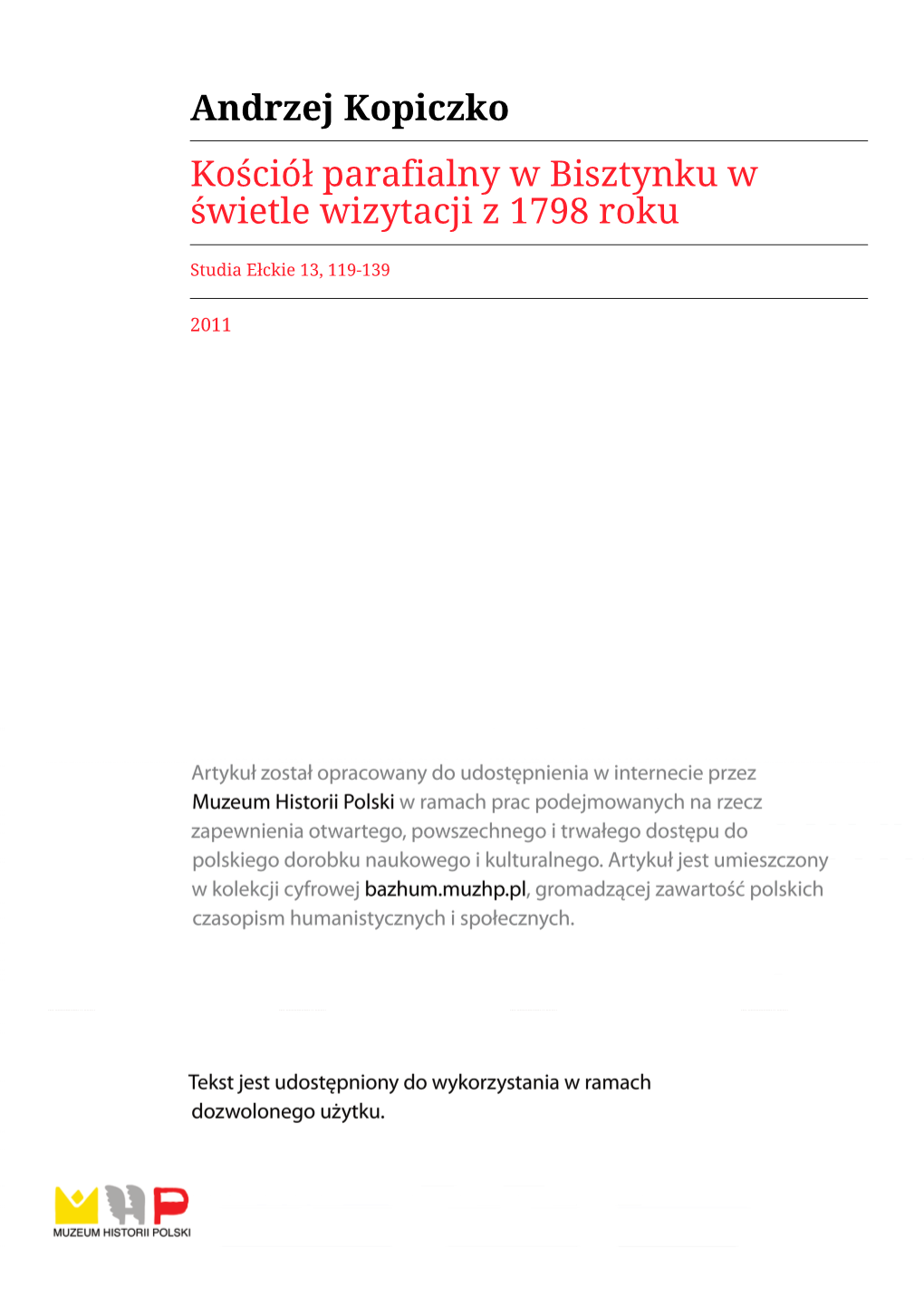 Andrzej Kopiczko Kościół Parafialny W Bisztynku W Świetle Wizytacji Z 1798 Roku