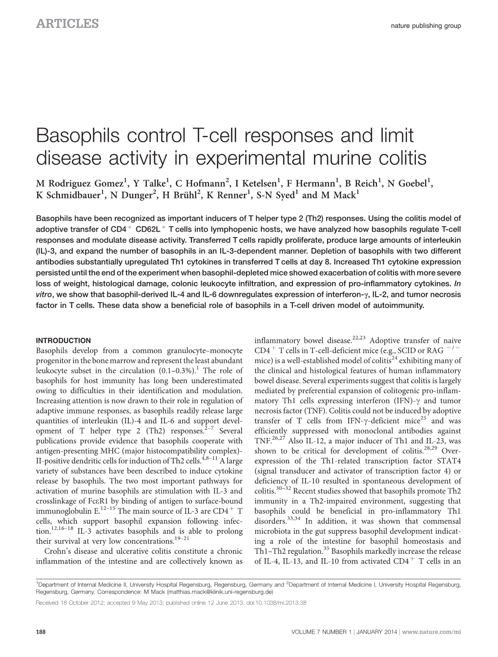 Basophils Control T-Cell Responses and Limit Disease Activity in Experimental Murine Colitis