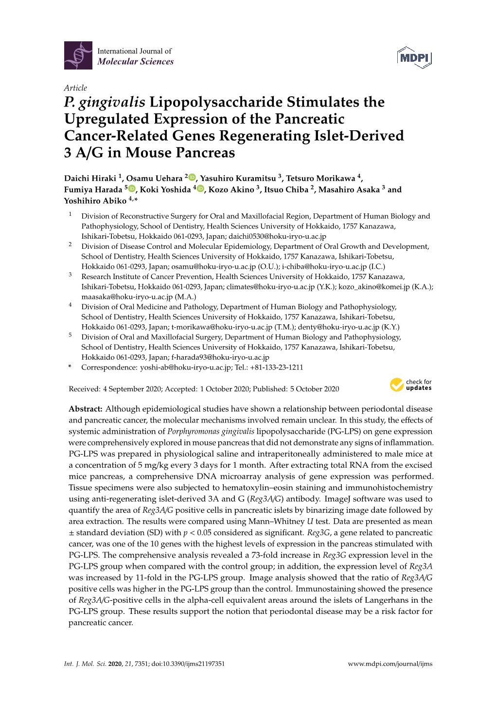 P. Gingivalis Lipopolysaccharide Stimulates the Upregulated Expression of the Pancreatic Cancer-Related Genes Regenerating Islet-Derived 3 A/G in Mouse Pancreas