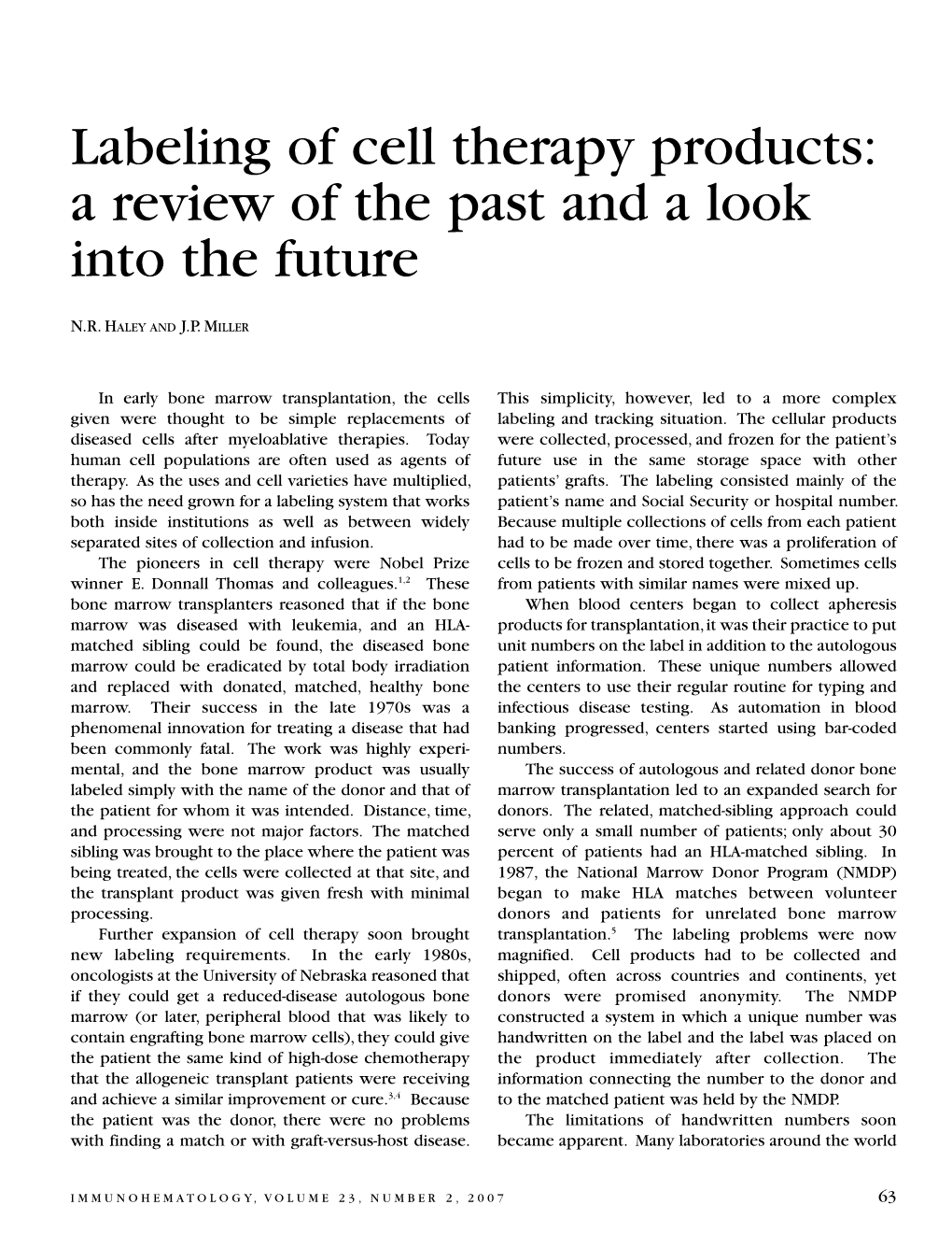 Labeling of Cell Therapy Products: a Review of the Past and a Look Into the Future