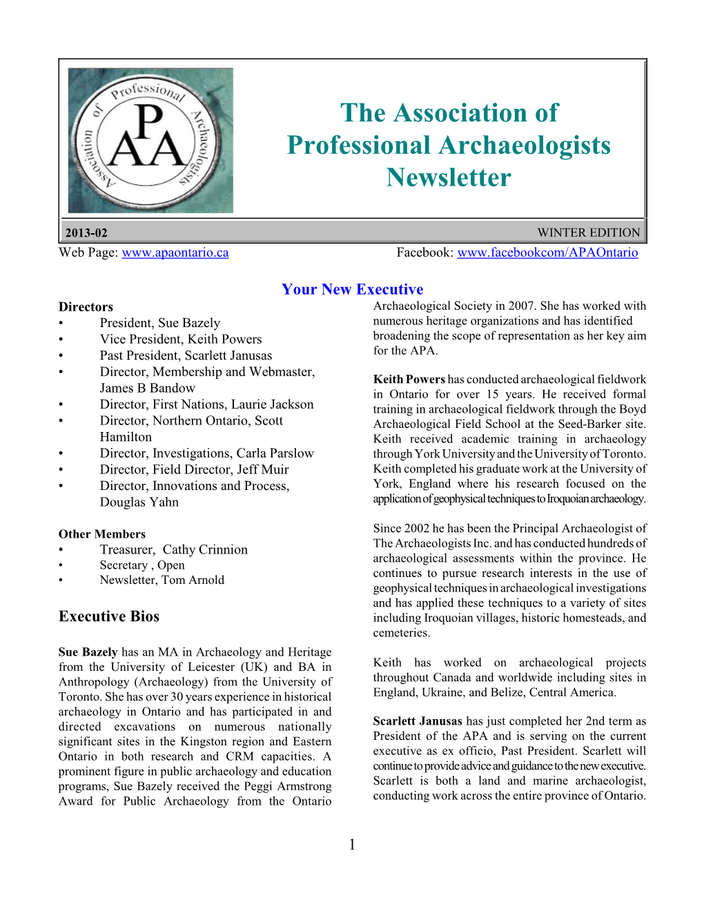 The Association of Professional Archaeologists Newsletter