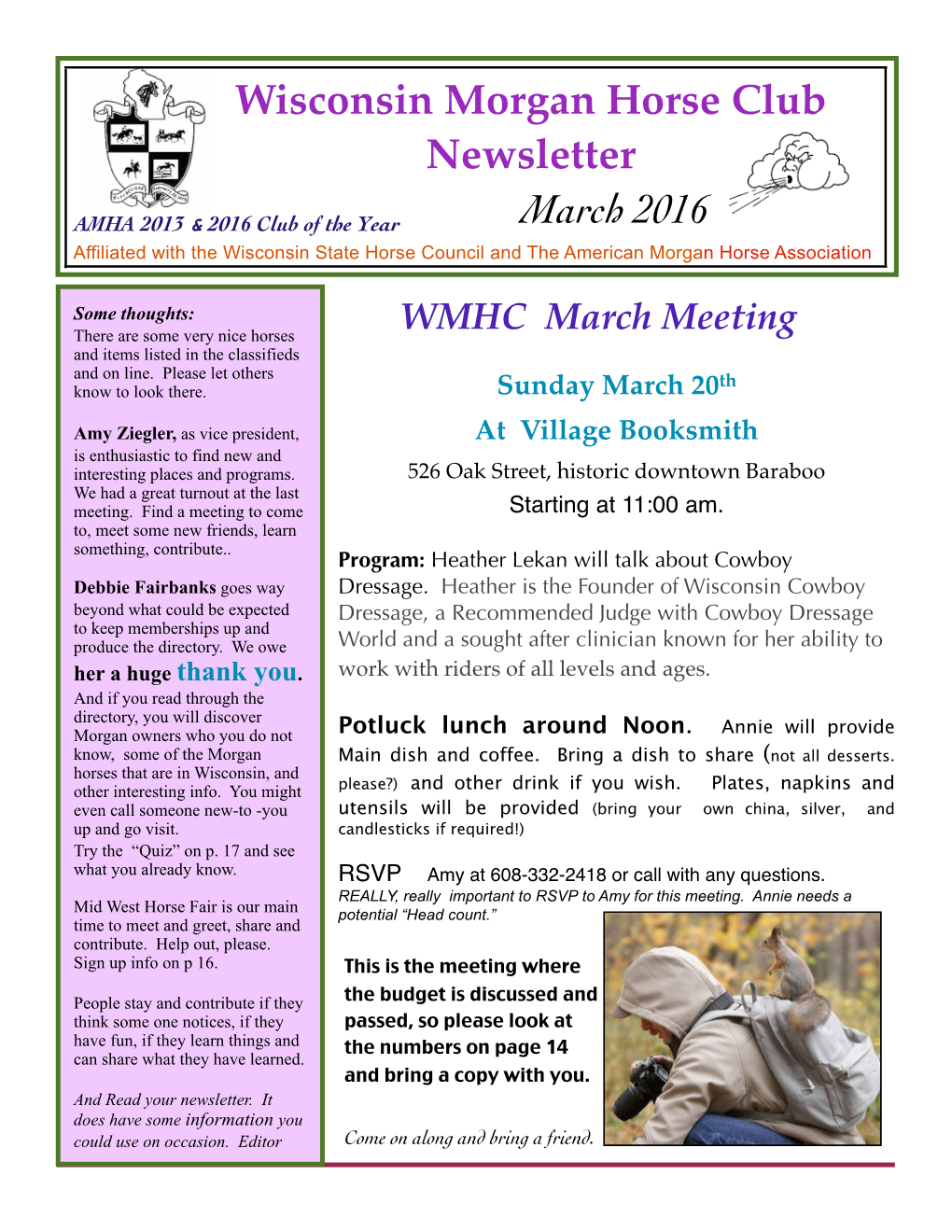 Wisconsin Morgan Horse Club Newsletter March 2016