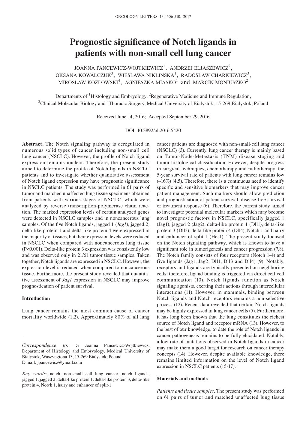 Prognostic Significance of Notch Ligands in Patients with Non‑Small Cell Lung Cancer