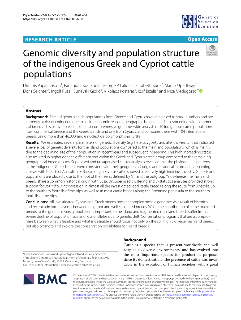 Genomic Diversity and Population Structure of the Indigenous Greek and Cypriot Cattle Populations Dimitris Papachristou1, Panagiota Koutsouli1, George P